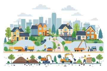 Flat design illustration showing the development of a new residential neighborhood. Workers are constructing houses, laying down roads, and installing utilities. Trees and green spaces are being