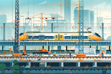 Fototapeta premium Flat design illustration of a construction site for a new railway station. Workers are laying tracks, installing overhead cables, and building platforms. Trains are seen in the background, arriving