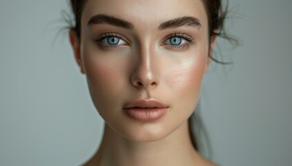 Fototapeta premium Close-up portrait of a woman’s face. Ideal for beauty and skincare concepts. She has smooth skin and well-groomed eyebrows. Isolated plain background with copy space