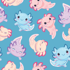 Seamless pattern with cute and happy baby axolotls on a blue background. Repeated surface vector design.