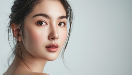 Fototapeta premium Skin care. Korean Woman with beauty face touching healthy facial skin portrait. Beautiful smiling asian girl model with natural makeup touching glowing hydrated skin on blue background closeup.
