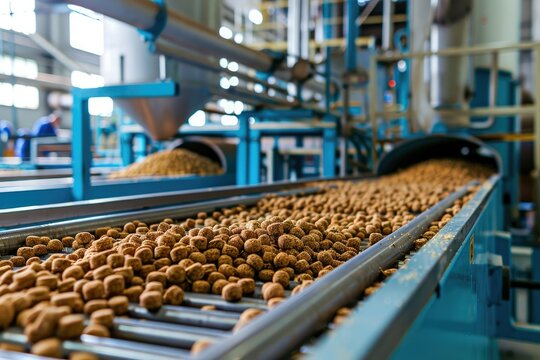 Fish Feed Production Plant A factory scene showcasing the production process of specialized fish feed pellets