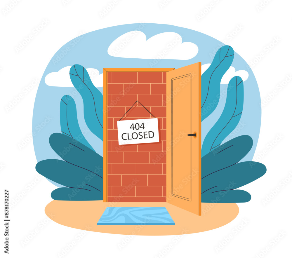 Poster 404 error closed door. incorrect website address and broken link. webpage design. oops, something we