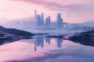 A dreamy pastel landscape with rolling hills, reflective water surfaces, and a futuristic cityscape in the background