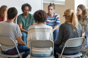 Supportive Network A diverse group of people sitting in a circle, engaged in group therapy, highlighting the importance of community and support
