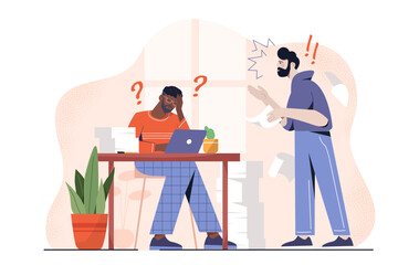 Angry boss at workplace. Man shouts at worker and employee. Ineffective work process in company, lazy manager. Quarrel and conflict. Rage and anger. Cartoon vector illustration