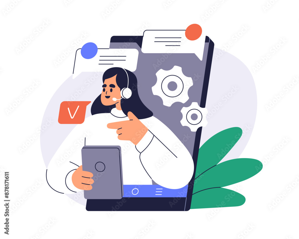 Poster Online consultant consulting via customer service phone app. Professional assistance and support. Consultation with digital mobile application. Flat vector illustration isolated on white background