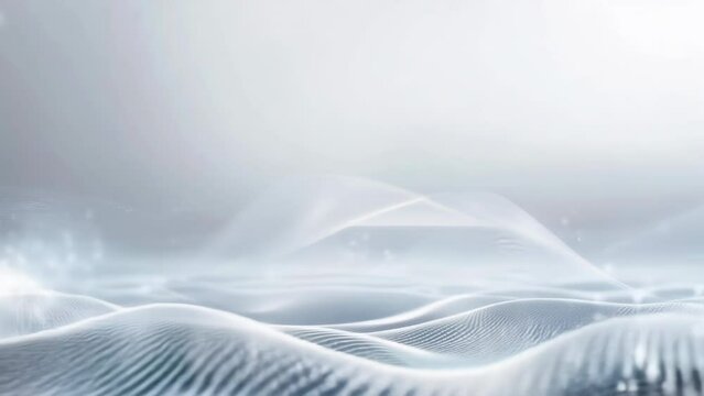 Abstract futuristic white digital landscape with dotted waves and particle clouds on a light gradient background.