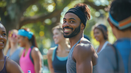 Fitness instructor, a trainer leading a group exercise class outdoors, energetic park setting, motivational and active atmosphere, diverse group of participants visible, fitness gear and water bottles