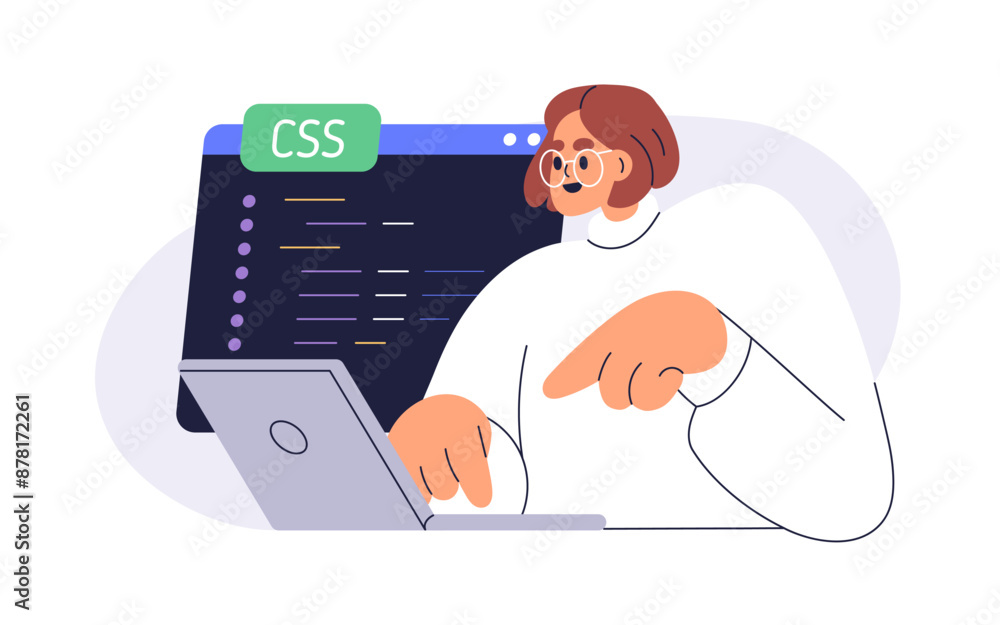 Poster Coder at work. Web developer, software engineer programming, developing website. Backend development. Programmer coding on laptop computer screen. Flat vector illustration isolated on white background