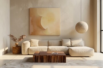 A sleek living room with a beige sectional sofa, a wooden coffee table, and a single piece of abstract wall art