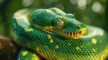 Fototapeta premium Close up of green tree python Morelia viridis in natural environment highlighting snake skin texture with artistic portrayal Featuring wildlife and conservation themes