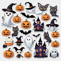 Naklejka premium Halloween scary black cat with Haunted Pumpkins clipart, Halloween set vector illustrations. 