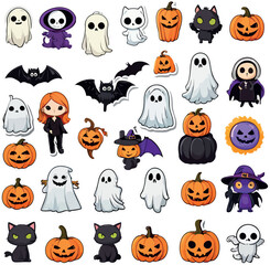 Halloween scary black cat with Haunted Pumpkins clipart, Halloween set vector illustrations.
