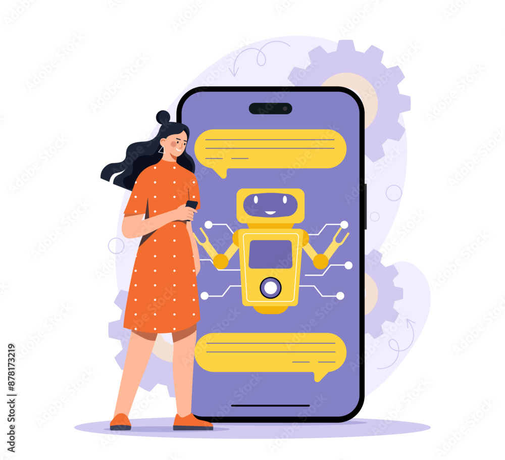 Poster woman with chat bot. girl with smartphone communicates with virtual helper and assistant. artificial