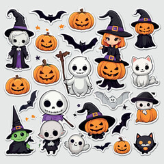 Halloween scary black cat with Haunted Pumpkins clipart, Halloween set vector illustrations.
