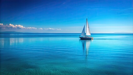 Obraz premium Solitary sailboat peacefully gliding on calm, clear blue waters, Sailing, Tranquil, Open Sea, Solitary, Sailboat, Clear, Blue