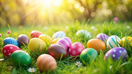 Colorful Easter eggs scattered on lush green grass, perfect for a spring celebration , vibrant, festive, colorful, Easter eggs