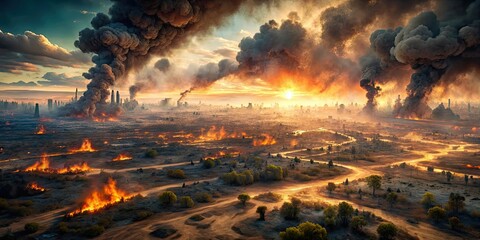 Aerial view of a post-apocalyptic landscape with burning fires, apocalyptic, disaster, destruction, aerial view, landscape