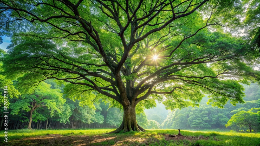 Canvas Prints Tall, leafy green tree in a lush forest setting, nature, branches, trunk, wood, foliage, growth, forest, green, leaves