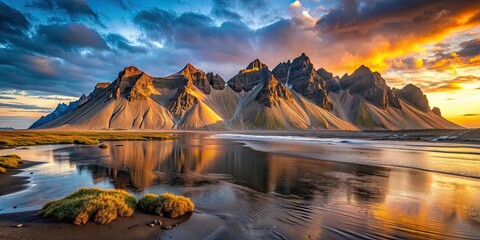 Impressive view of Vestrahorn mountain on Stokksnes cape in Iceland during sunset, Vestrahorn, mountain, Stokksnes