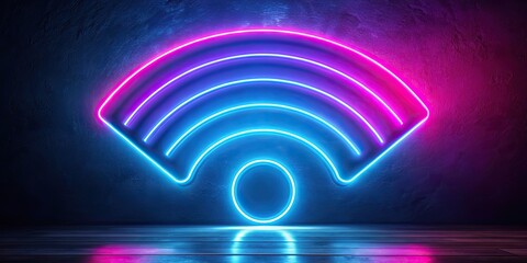Ethereal pink and blue neon WiFi emblem in a high-tech setting, technology, wifi, neon, emblem, sleek, brilliance, shimmering