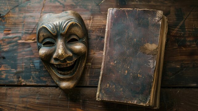 Old, weathered book and grinning theatrical mask on wooden surface