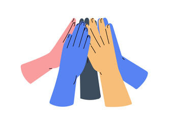 Team giving high five. Hands group gesture, greeting and supporting. Togetherness, solidarity and connection. Cooperation, collaboration concept. Flat vector illustration isolated on white background