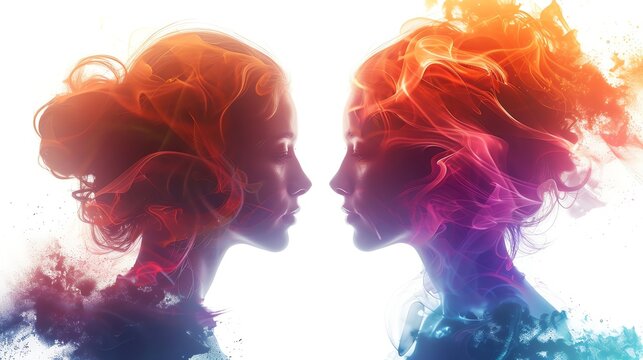 Two women with colorful hair facing each other, a concept of duality or connection.