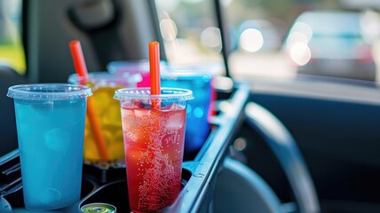Assorted colorful drinks in plastic cups inside car