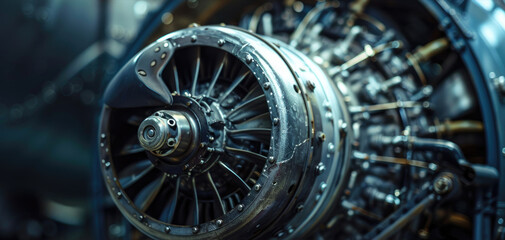 Fototapeta premium Detailed view of industrial turbine engine with mechanical components and metal textures
