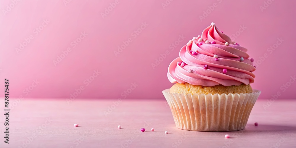 Poster Cupcake with pink frosting and sprinkles on pink background, cupcake, pink, frosting, sprinkles, dessert, sweet, bakery