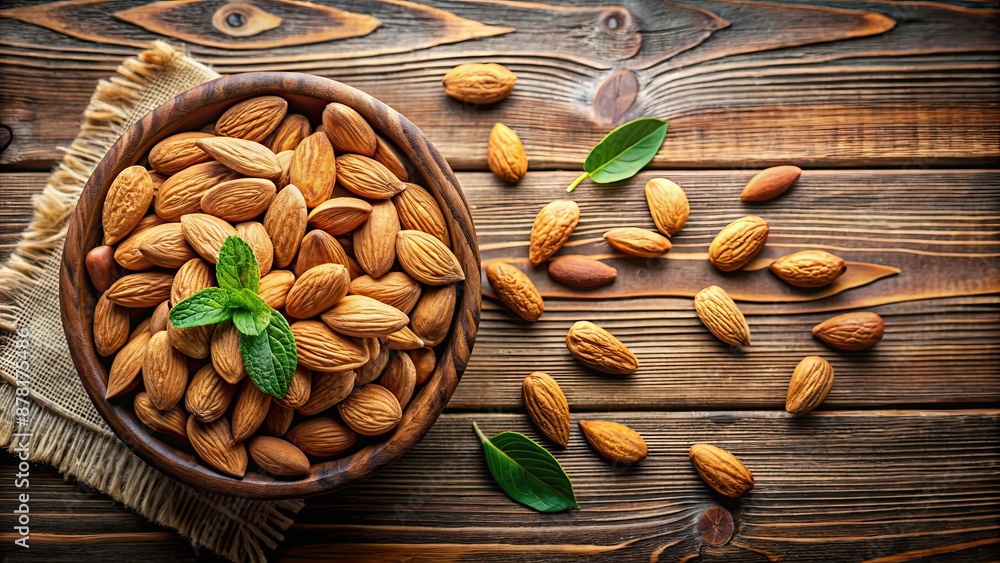 Canvas Prints Fresh almonds on a rustic wooden background, almonds, wooden, background, harvest, healthy, snack, food, organic, natural