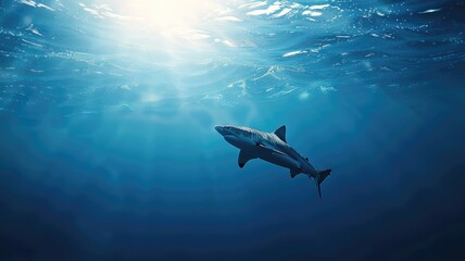 Obraz premium Lone shark swims in deep blue ocean