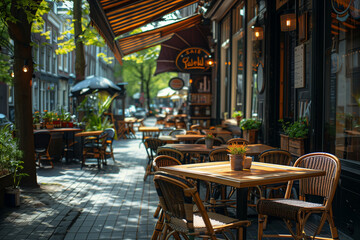 Fototapeta premium Cozy outdoor caf with tables and chairs set up