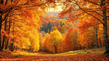 Fototapeta premium Autumn forest landscape with orange golden foliage perfect fall wallpaper , fall, foliage, trees, leaves, golden, orange