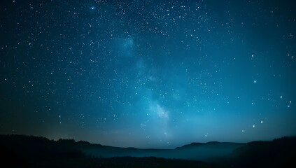 Starry sky at night, dark blue background, starry field, glowing stars, blurred stars in the lower left corner of the screen, minimalism, wide angle