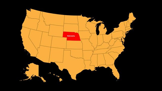 Nebraska map animated video. Shandong location is highlighted on the USA map colour with a transparent png background in video format.	
