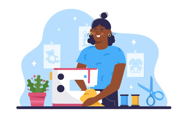 Woman sewing fabric. Young girl with sewing machine produces clothes or toys. Seamstress, tailor or atelier in workshop. Fashion and trend. Cartoon vector illustration isolated on white background