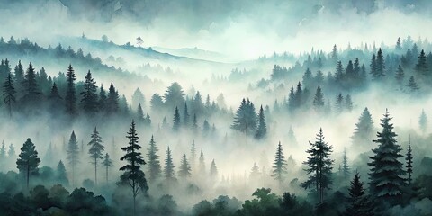 Ink painting of a misty forest landscape, forest, mist, ink painting, landscape, trees, fog, serene, calm, nature, tranquil