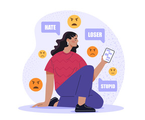 Woman with cyberbullying. Young girl suffers from negative comments on Internet. Anger on social networks and instant messengers. Loneliness and depression. Cartoon vector illustration