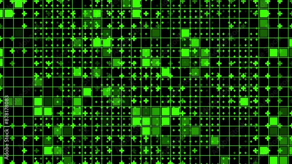 Poster digital binary data, fractal tech background with green shiny squares on black