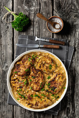 creamy smothered pork chops cooked in onion gravy