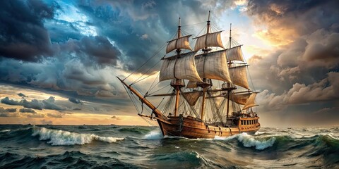 An old wooden sailing ship with tattered sails navigating rough seas, sailing, ship, ocean, sea, water, waves
