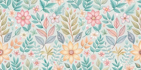 Elegant seamless pattern with stylized leaves and flowers in pastel colors, pastel, elegant, seamless, pattern, stylized
