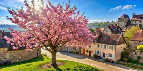 A blooming cherry blossom tree in a quaint French village , Spring, France, cherry blossoms, tree, village, flowers, rural