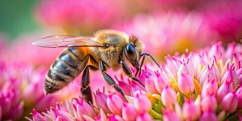Close up of a bee on a pink flower gathering nectar, bee, pollination, pink, flower, close up, insect, nature, wildlife, macro