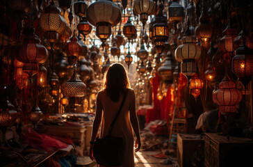 Naklejka premium A woman explores a vibrant market filled with beautiful, illuminated lanterns, creating a magical atmosphere