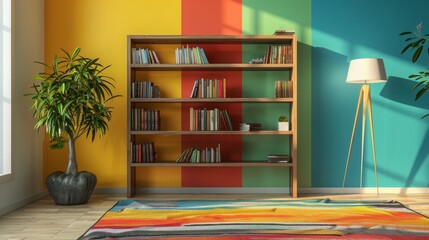 A home bookshelf with a lamp and a rug is located against a colorful wall