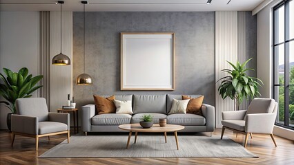 Fototapeta premium Modern interior living room with a sleek mock-up poster frame , poster, frame, mock-up, modern, interior, living room, contemporary